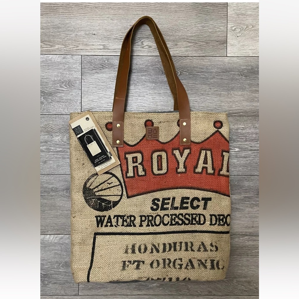 Rare BARE Upcycled Royal Coffee Reversible Burlap Tote Bag w/ Leather Handles